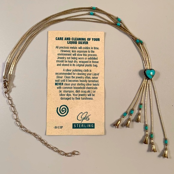 CAROLYN POLLACK 16-20" TURQUOISE SQUASH BLOSSOM LIQUID SILVER HEISHI NECKLACE - Picture 6 of 9